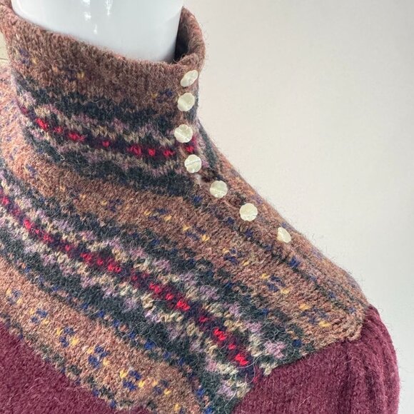 Ralph Lauren 80 Womens Fair Isle Wool Sweater L Maroon & Multi High Neck Button - Picture 3 of 16